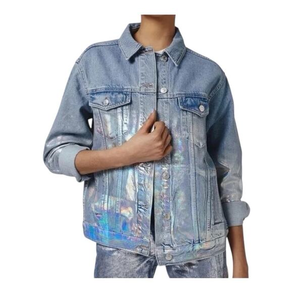 Topshop Moto Foil Iridescent Oversized Denim Jacket US 12 - Picture 1 of 14
